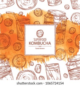 Watercolor background with kombucha: mushroom, jar with kombucha tea. Super food. Vector hand drawn illustration