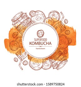 Watercolor background with kombucha: mushroom, jar with kombucha tea. Super food. Vector hand drawn illustration 