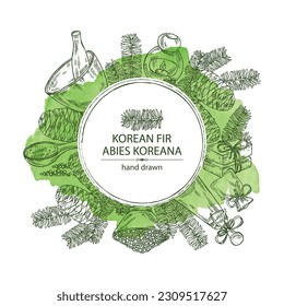 Watercolor background with korean fir: branch of korean fir, abies koreana cone and bath salt, soap and beauty products. Crataegus berries. Cosmetic, perfumery and medical plant. Vector hand drawn ill