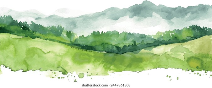  watercolor background landscape with forest and mountains