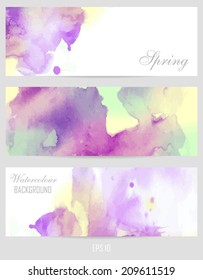 Watercolor background. Lavender color with bright green and yellow flowers. Spring theme. Set of postcards. Beautiful blurred pattern for your design and decoration