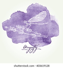 Watercolor background with lavender and dragonfly. hand drawn