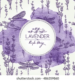 Watercolor background with lavender and dragonfly. hand drawn
