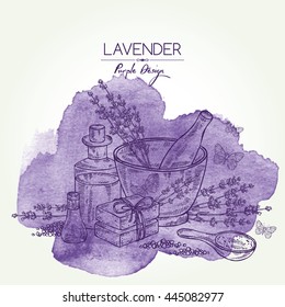 Watercolor background with with lavender, essential oil, soap and butterfly. hand drawn