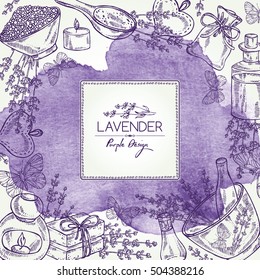 Watercolor background with lavender, essential oil, soap and butterfly. hand drawn