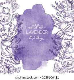 Watercolor background with lavender, soap, butterfly and lavender essential oil. Vector hand drawn illustration