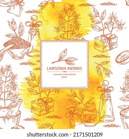 Watercolor background with lawsonia inermis: plant, leaves of lawsonia, bath salt, soap and beauty products. Cosmetic, perfumery and medical plant. Vector hand drawn illust
