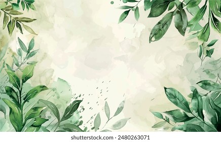 watercolor background with leaves, frame, for design, with space