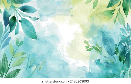 watercolor background with leaves, frame, for design, with space