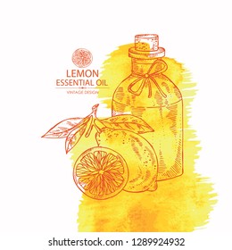 Watercolor background with lemon and bottle of essential oil. Cosmetic, perfumery and medical plant. Vector hand drawn
