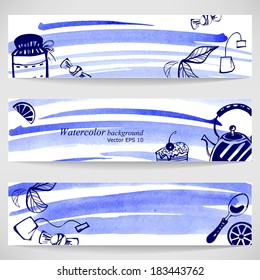 Watercolor background with lemon, cake, jam and tea. Vector.