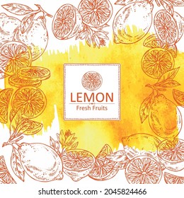 Watercolor background with lemon: fruts, lemon flower and lemon slice. Vector hand drawn illustration