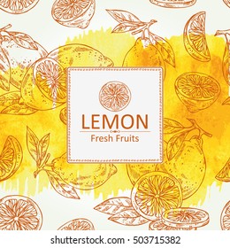 Watercolor background with  lemon and lemon slice. hand drawn . 