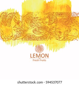 Watercolor background with lemon and lemon slice. hand drawn.