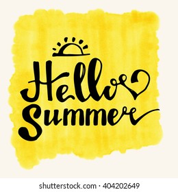 Watercolor background and lettering hello summer. Brush lettering composition. "Hello Summer"  typographic design. Abstract Paint Decoration. Hand drawn brush strokes. Vector Illustration.