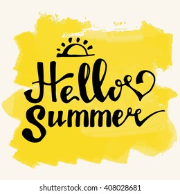 Watercolor background and lettering hello summer. Abstract Summer Decoration. Vector Illustration.