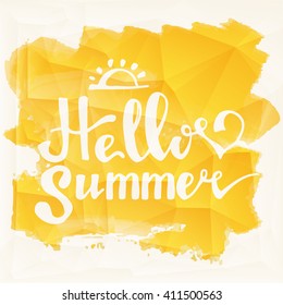 Watercolor background and lettering hello summer. Brush lettering composition. "Hello Summer"  typographic design. Abstract Paint Decoration. Hand drawn brush strokes. Vector Illustration.