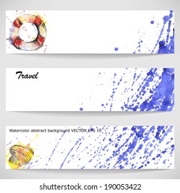 Watercolor background with a lifeline, seashell and waves. Journey. Vector.