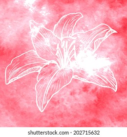 Watercolor background with linear drawing flower, vector illustration