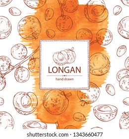 Watercolor background with longan: fruit and longan slice. Vector hand drawn illustration.