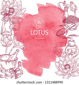 Watercolor background with lotus: bud, lotus flower and leaves, soap and bath salt . Cosmetic, perfumery and medical plant. Vector hand drawn illustration