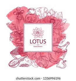 Watercolor background with lotus: bud, lotus flower and leaves, soap and bath salt . Cosmetic, perfumery and medical plant. Vector hand drawn illustration