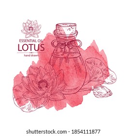 Watercolor background with lotus flowers, leaves  and bottle of lotus essential oil. Cosmetic, perfumery and medical plant. Vector hand drawn illustration.