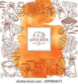 Watercolor background with lotus: lotus seed and fruits, bath salt, soap and beauty products. Cosmetic, perfumery and medical plant. Vector hand drawn illustration