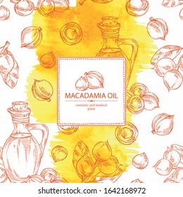 Watercolor background with macadamia: branch, macadamia nuts and bottle of macadamia oil. Vector hand drawn illustration