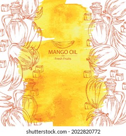 Watercolor background with mango and bottle of mango oil. Vector hand drawn illustration