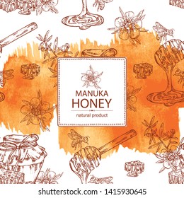 Watercolor background with manuka honey: flowers of manuka, bee and jar of honey, honeycomb. Vector hand drawn illustration. 