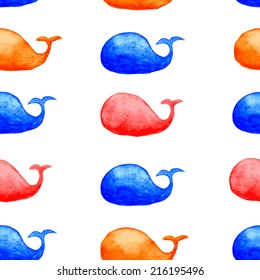 Watercolor background with marine animals. Seamless pattern with whale. Can be used for wallpaper, background, surface textures, pattern fills, pack, web page. Sea pattern.