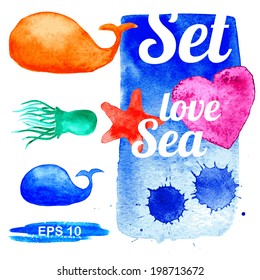 Watercolor background with marine animals. Vector. Can be used for wallpaper, background, surface textures, pattern fills, pack, web page.