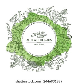 Fondo de acuarela malvavisco officinalis: flor, raíz y hojas de althea officinalis. Aceite, jabón y sal de baño. Cosméticos y planta médica. Vector dibujado a mano ilustración