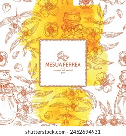 Watercolor background with mesua ferrea: plant, leaves, mesua ferrea flowers and bottle of mesua ferrea essential oil. Cosmetic, perfumery and medical plant. Vector hand drawn illustration svg