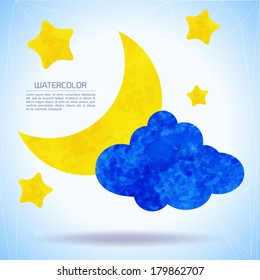 Watercolor background with moon, stars and cloud. Colorful template for you design. 