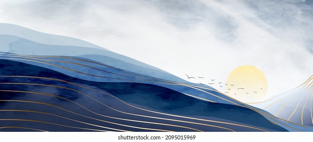 Aquareller Hintergrund mit Bergen und goldenen Linien. Landschaftskunstbanner für Tapetendekoration, Innenausstattung, Druck
