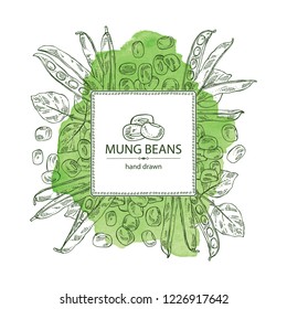 Watercolor background with mung beans: leaf, plant, pod and seed of mung beans. Vector hand drawn illustration