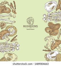 Watercolor background with mushroom: shiitake, muer, straw mushroom cao gu and enokitake. Vector hand drawn illustration