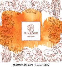 Watercolor background with mushroom: shiitake, muer, straw mushroom cao gu and enokitake. Vector hand drawn illustration