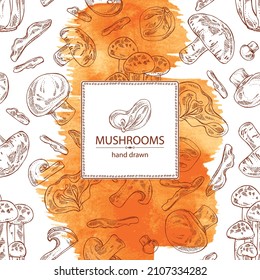 Watercolor background with mushroom: shiitake, muer, champignon and shimedji. Vector hand drawn illustration
