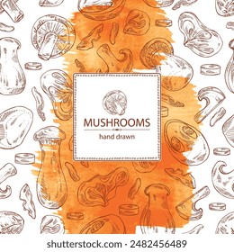 Watercolor background with mushroom: wood ears, muer mushroom, eringi, cao gu, shiitake. Vector hand drawn illustration