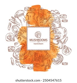 Watercolor background with mushroom: wood ears, muer mushroom, eringi, cao gu, shiitake. Vector hand drawn illustration