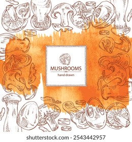 Watercolor background with mushroom: wood ears, muer mushroom, eringi, cao gu, shiitake. Vector hand drawn illustration