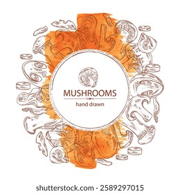 Watercolor background with mushroom: wood ears, muer mushroom, eringi, cao gu, shiitake. Vector hand drawn illustration