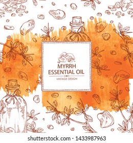 Watercolor background with myrrh and bottle of commiphora myrrha essential oil. Cosmetic, perfumery and medical plant. Vector hand drawn