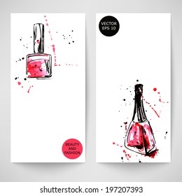 Watercolor background with nail polish. Fashion illustration. Vector.