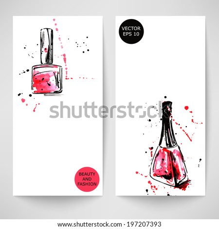 Watercolor background with nail polish. Fashion illustration. Vector.