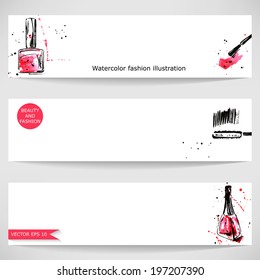 Watercolor background with nail polish and mascara. Fashion illustration. Vector.