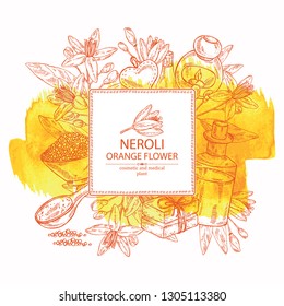 Watercolor background with neroli, orange flower: leaves, neroli flowers, soap and bath salt . Cosmetic, perfumery and medical plant. Vector hand drawn illustration 